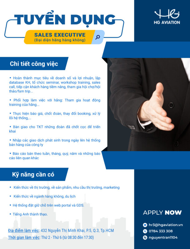 Tuyển Dụng Vị Trí Sales Executive (Đại Diện Hàng Hàng Không)