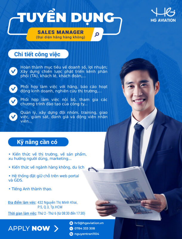 Tuyển Dụng Vị Trí Sales Manager (Đại Diện Hàng Hàng Không)