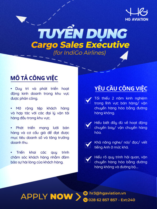 Tuyển Dụng: Cargo Sales Executive for Indigo Airline 