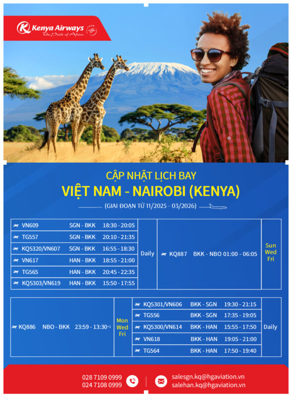 Cập nhật lịch bay Việt Nam – Nairobi (Kenya) 11/2025 – 03/2026 Cập nhật lịch bay Việt Nam – Nairobi (Kenya) 11/2025 – 03/2026